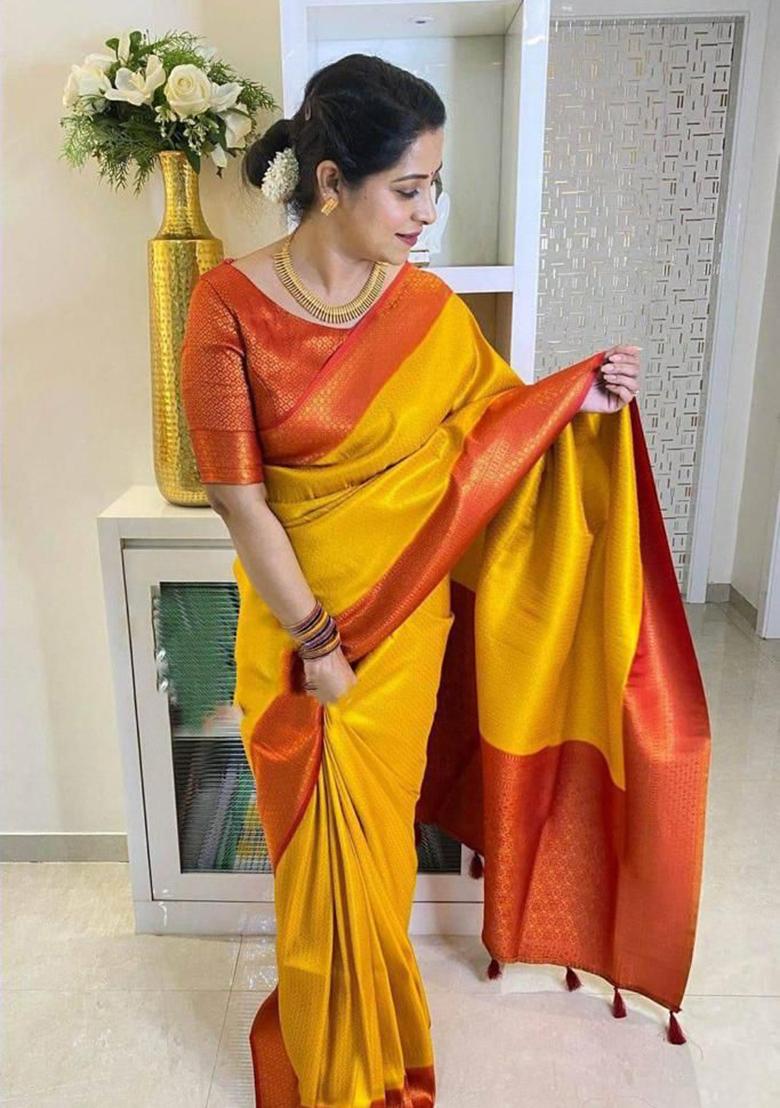 Yellow Weaving Silk Saree Set