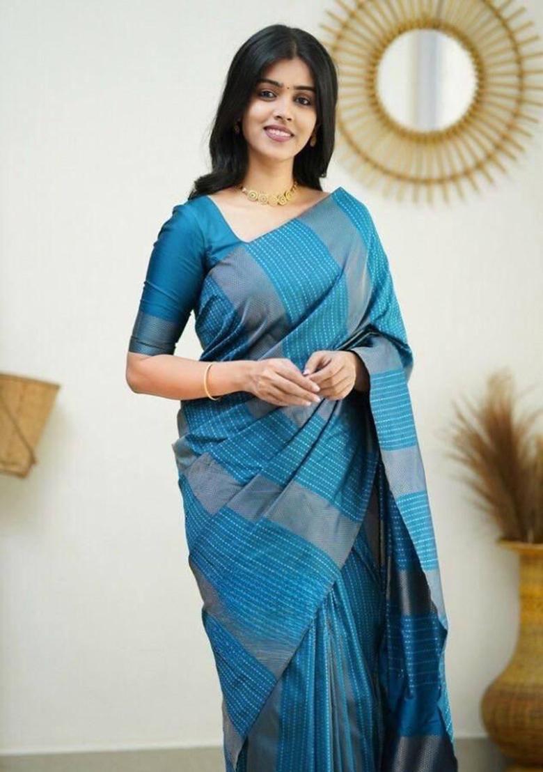 Petrol Blue Weaving Silk Saree Set