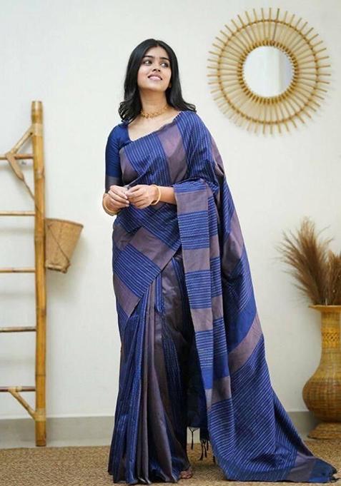 Blue Weaving Silk Saree Set