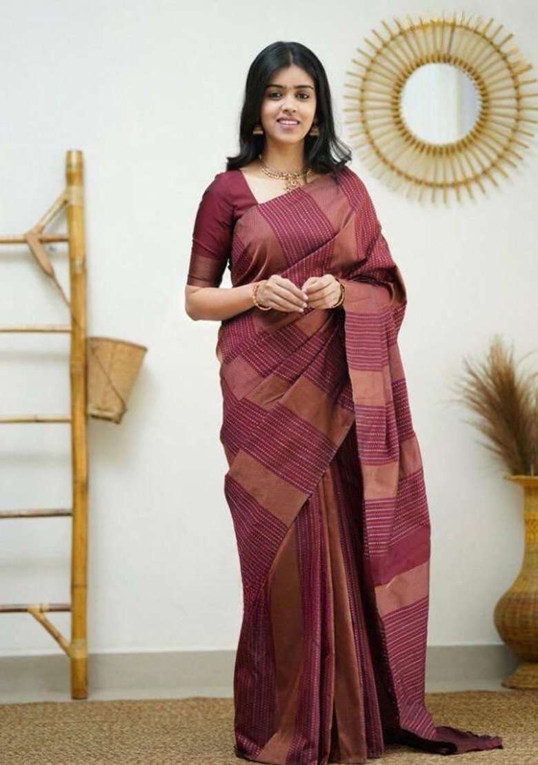 Brown Weaving Silk Blend Saree Set for Diwali | Wedding & Festive Wear - Indya