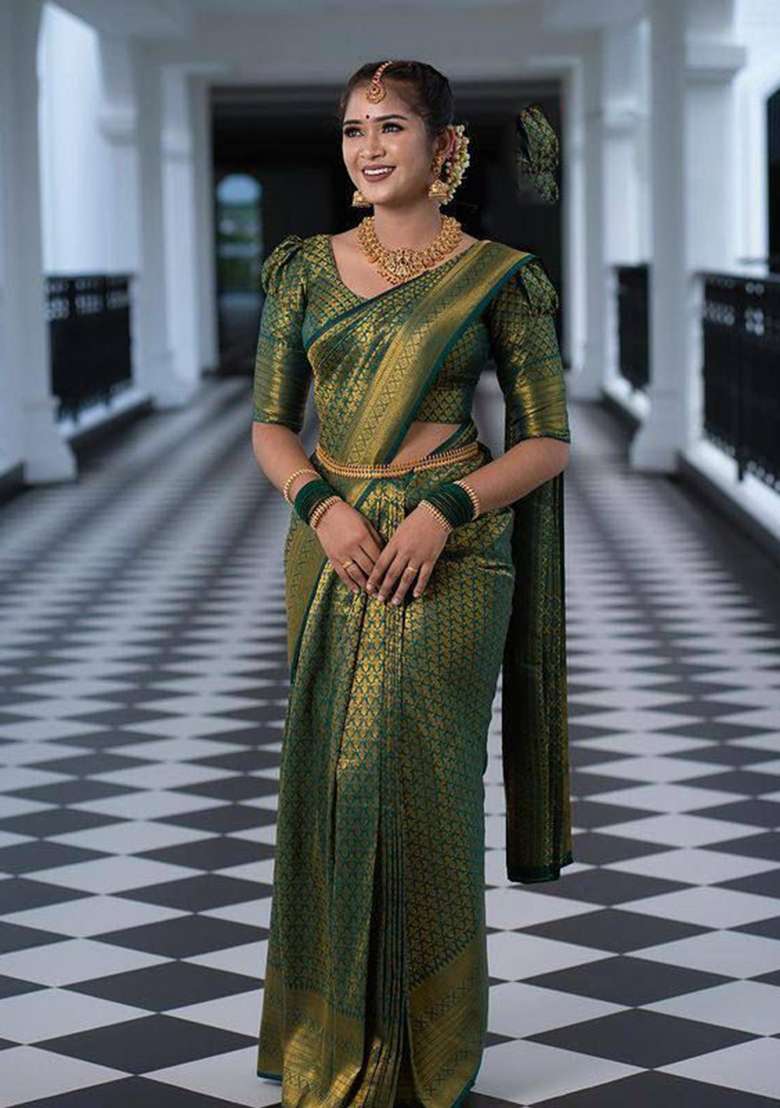 Green Weaving Silk Blend Saree Set for Diwali and Festive Wear - Indya