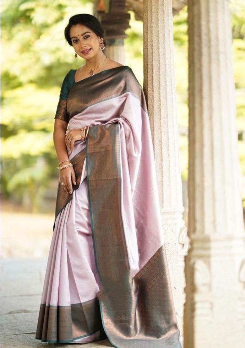 Baby Pink Weaving Silk Blend Saree Set for Diwali | Wedding & Festive Wear - Indya
