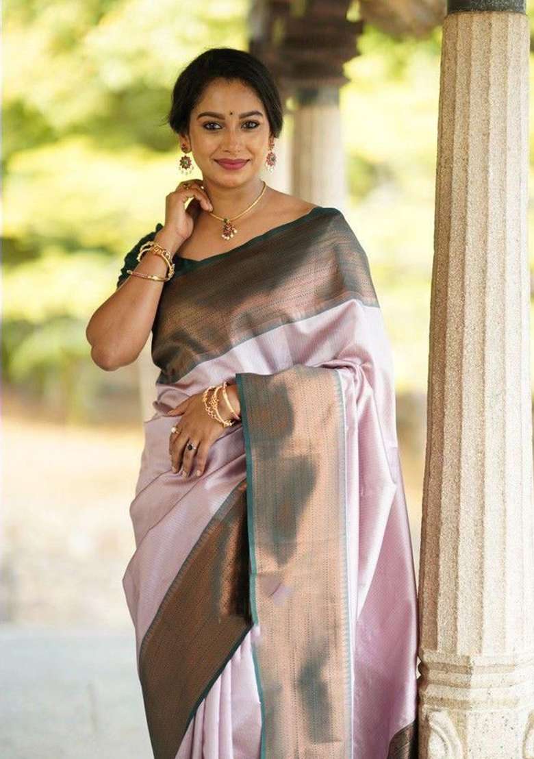 Baby Pink Weaving Silk Blend Saree Set for Diwali | Wedding & Festive Wear - Indya