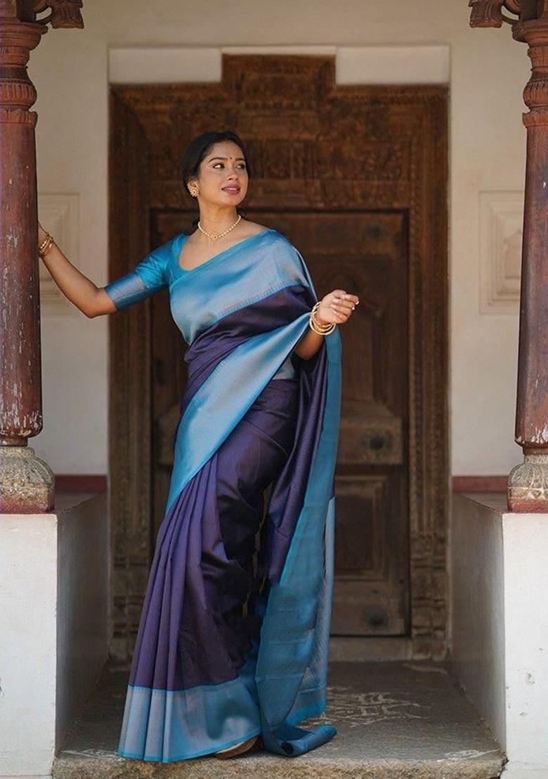 Blue Weaving Silk Saree Set