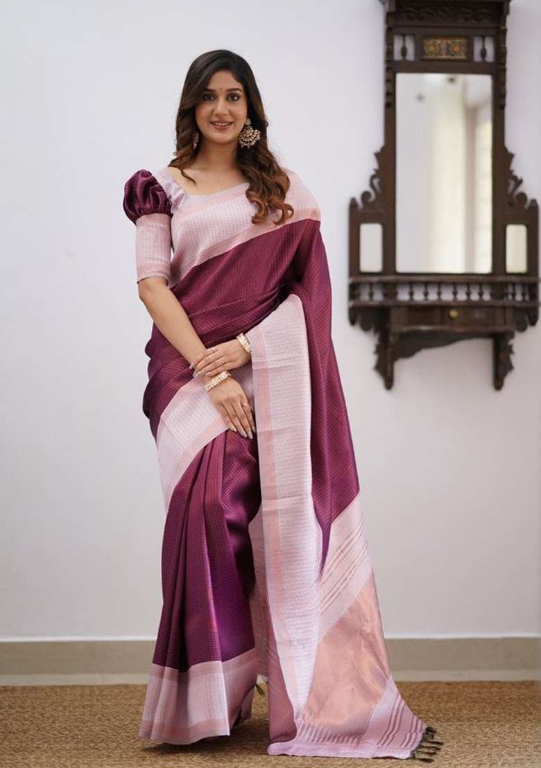 Onion Pink Weaving Silk Blend Saree Set for Diwali | Wedding & Festive Wear - Indya