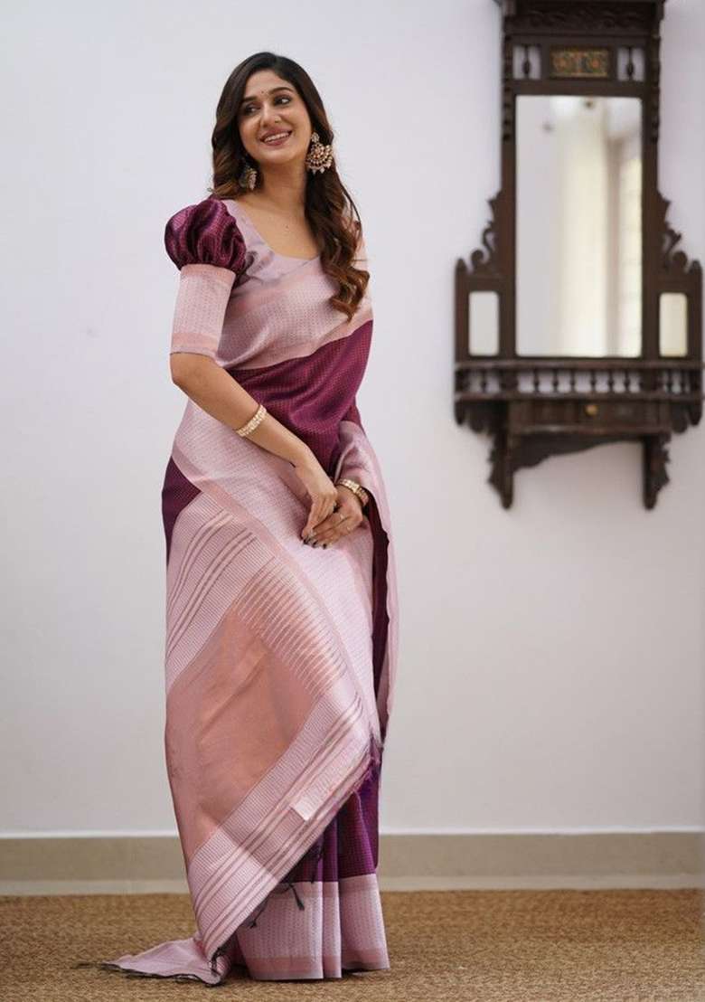 Onion Pink Weaving Silk Blend Saree Set for Diwali | Wedding & Festive Wear - Indya