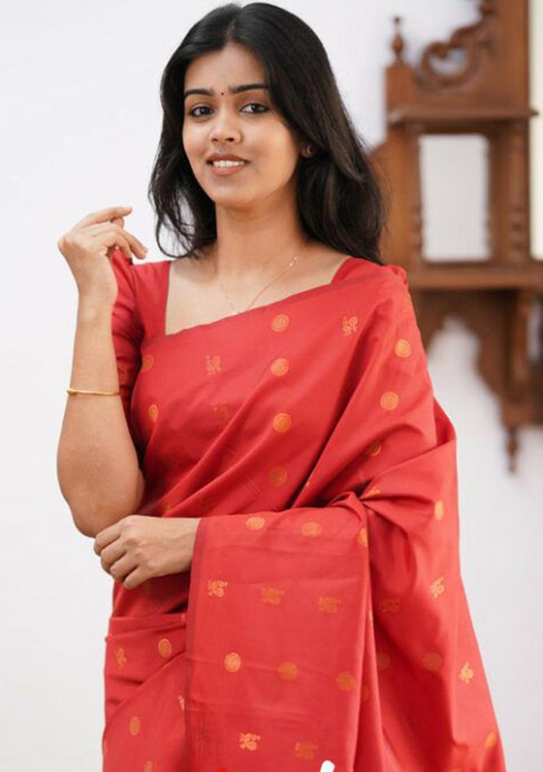 Red Weaving Silk Saree Set