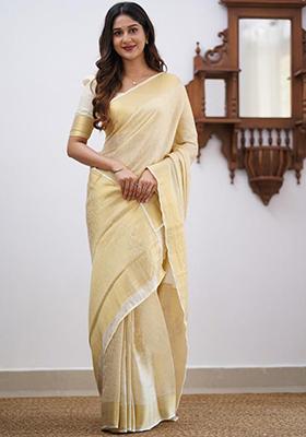 White Weaving Silk Saree Set