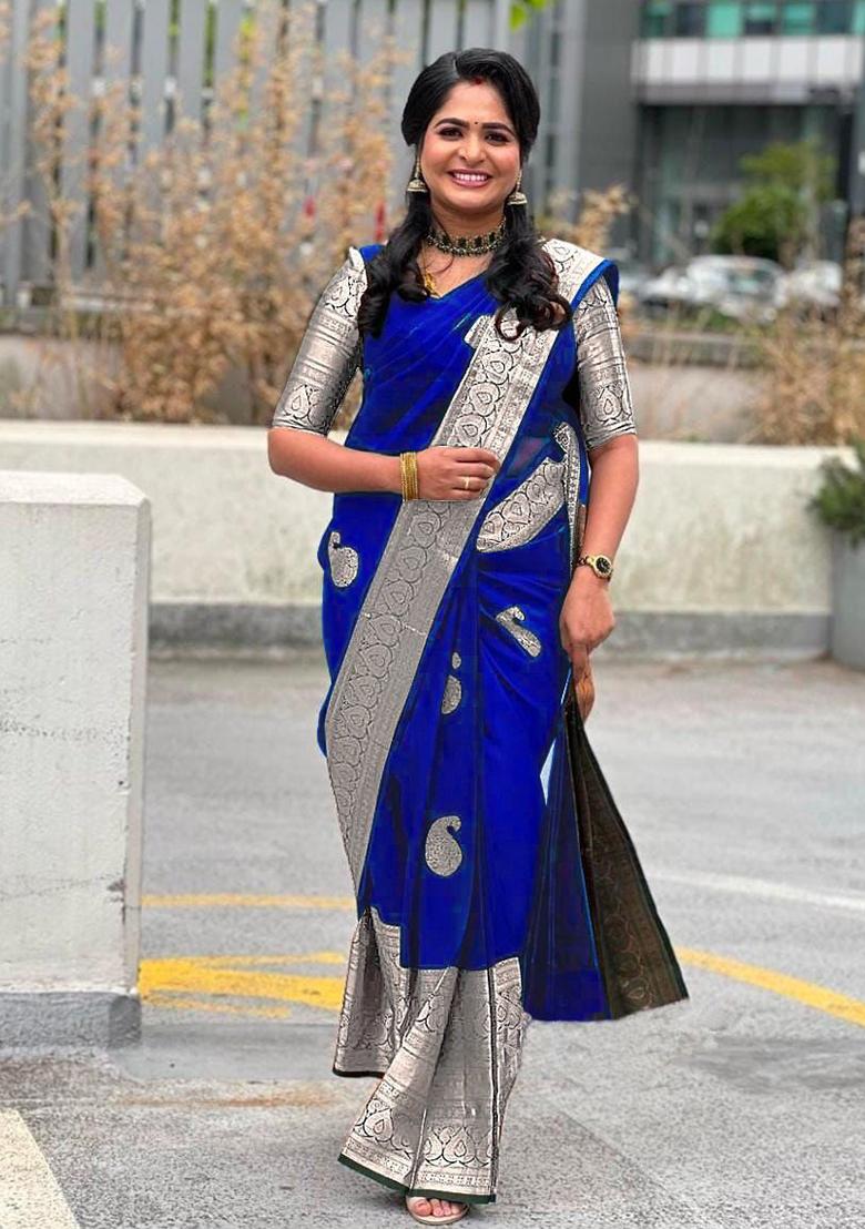 Blue Weaving Silk Saree Set