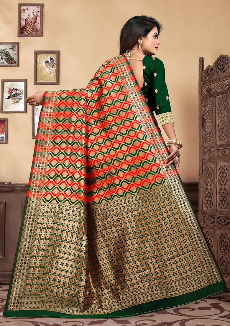 Bottle Green Jacquard Silk Saree Set