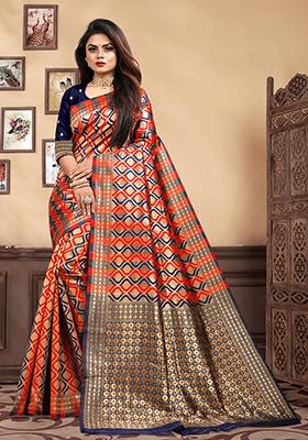 Navy Blue Jacquard Silk Saree Set