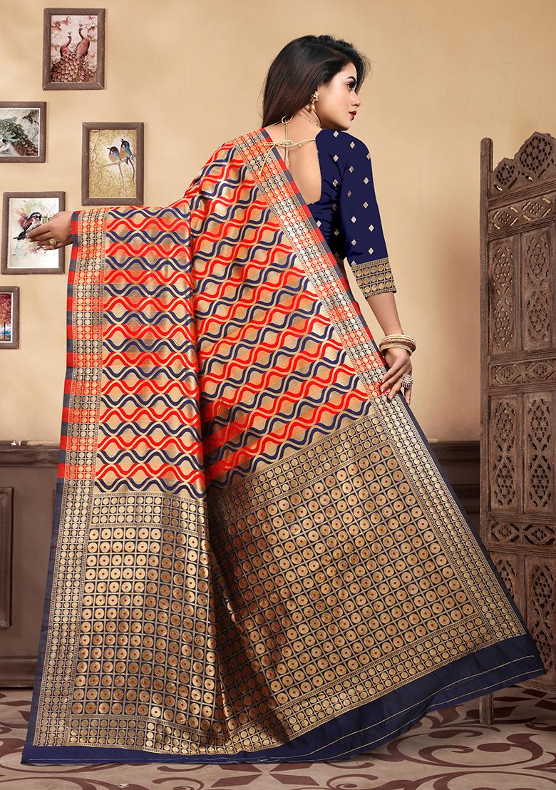 Navy Blue Jacquard Silk Saree Set