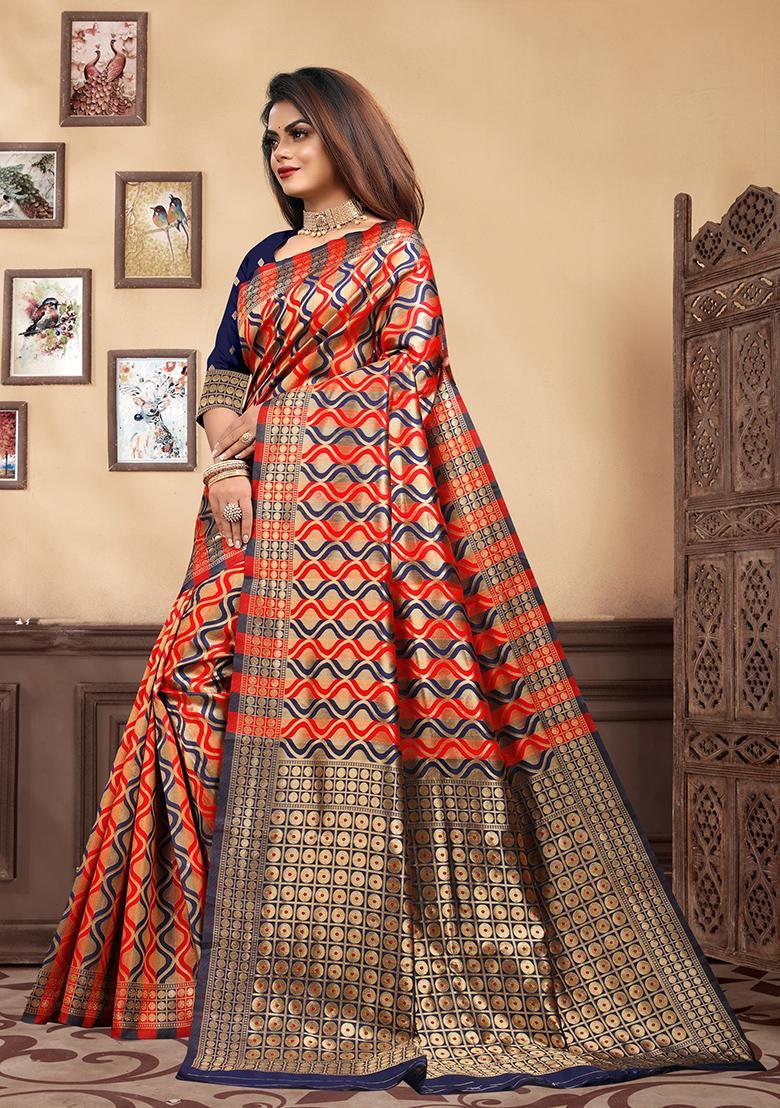 Navy Blue Jacquard Silk Saree Set