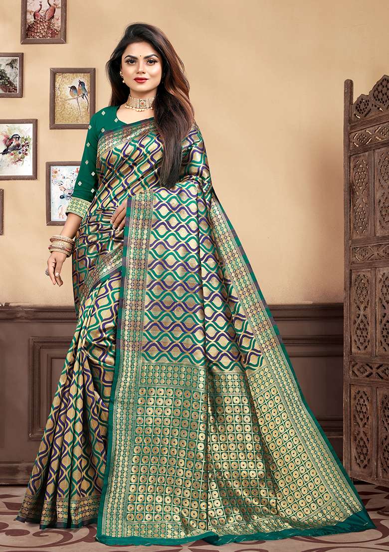 Rama Blue Jacquard Silk Blend Saree Set for Diwali | Wedding & Festive Wear - Indya