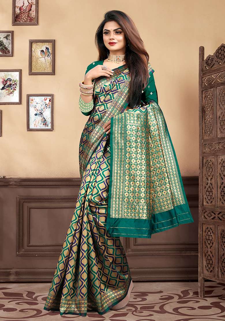 Rama Blue Jacquard Silk Blend Saree Set for Diwali | Wedding & Festive Wear - Indya