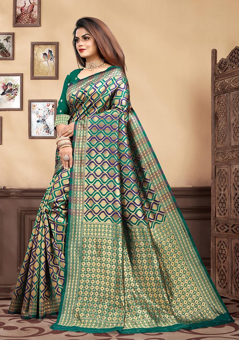 Rama Blue Jacquard Silk Saree Set