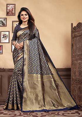 Navy Blue Jacquard Silk Saree Set