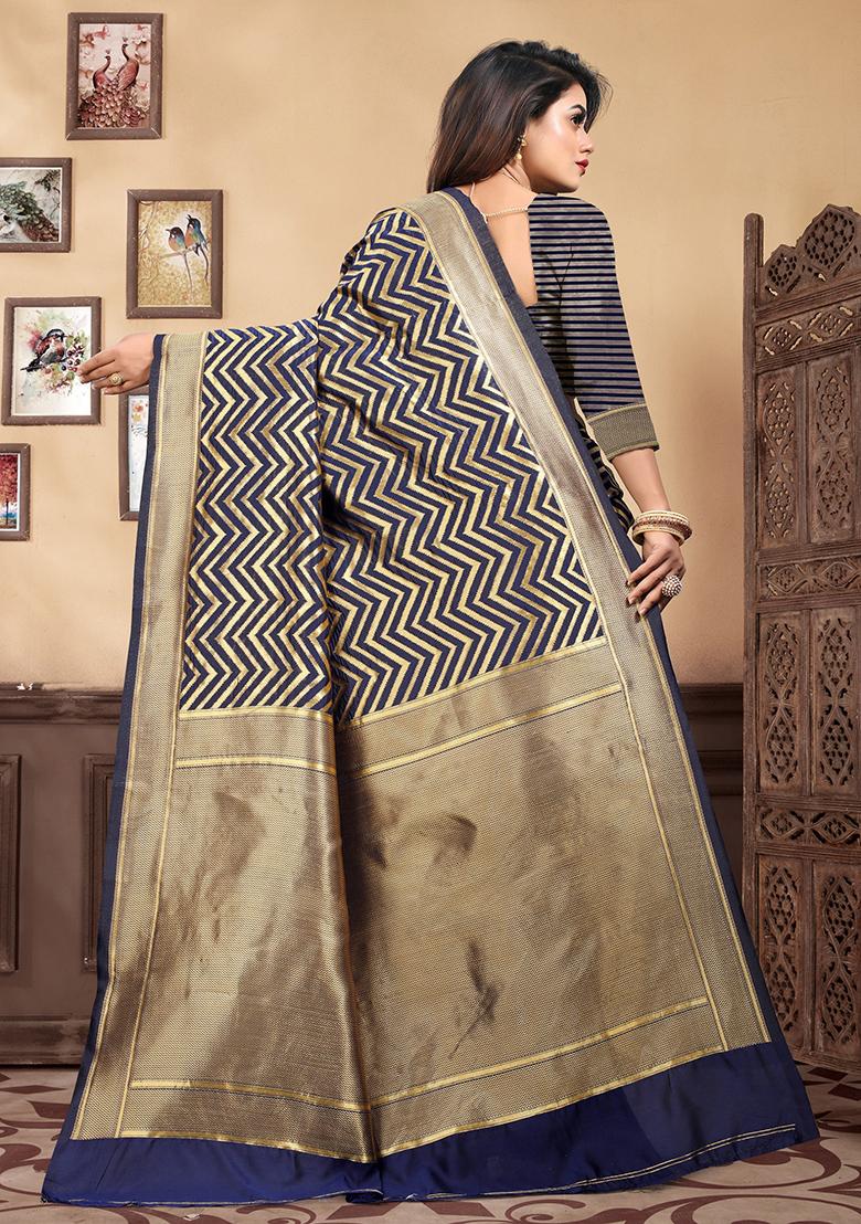 Navy Blue Jacquard Silk Saree Set