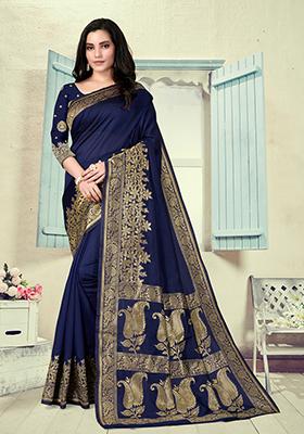 Navy Blue Jacquard Silk Saree Set