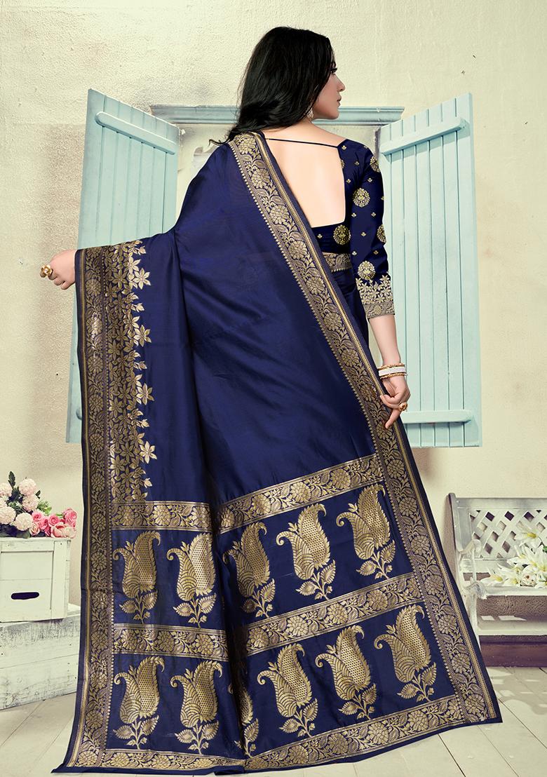 Navy Blue Jacquard Silk Saree Set