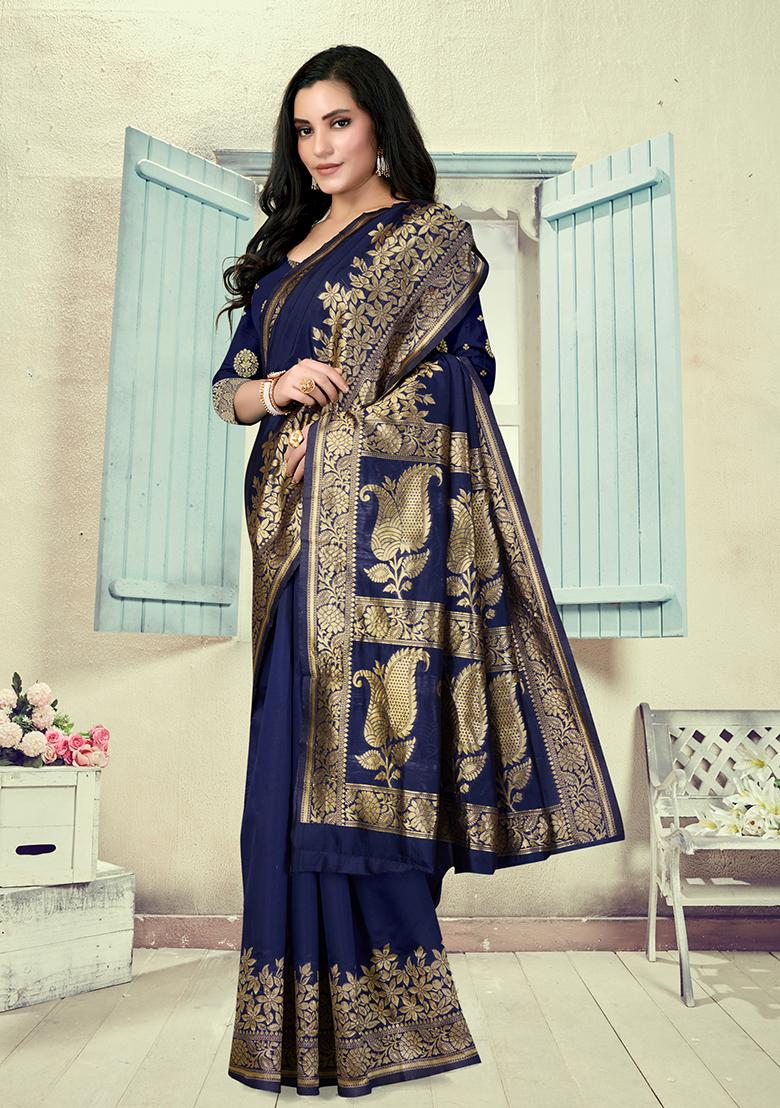 Navy Blue Jacquard Silk Saree Set