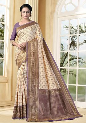 White Jacquard Silk Saree Set
