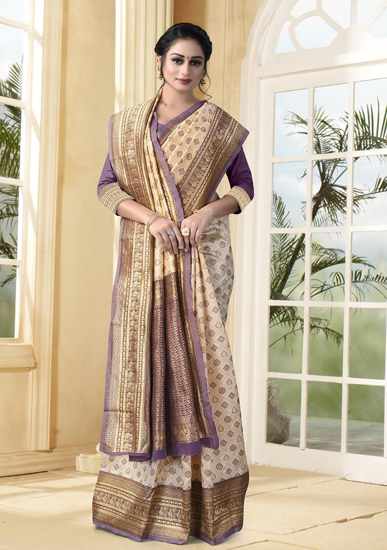 White Jacquard Silk Saree Set