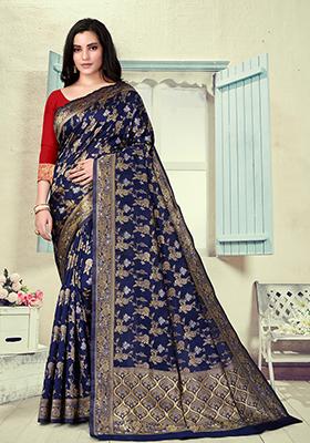 Navy Blue Jacquard Silk Saree Set