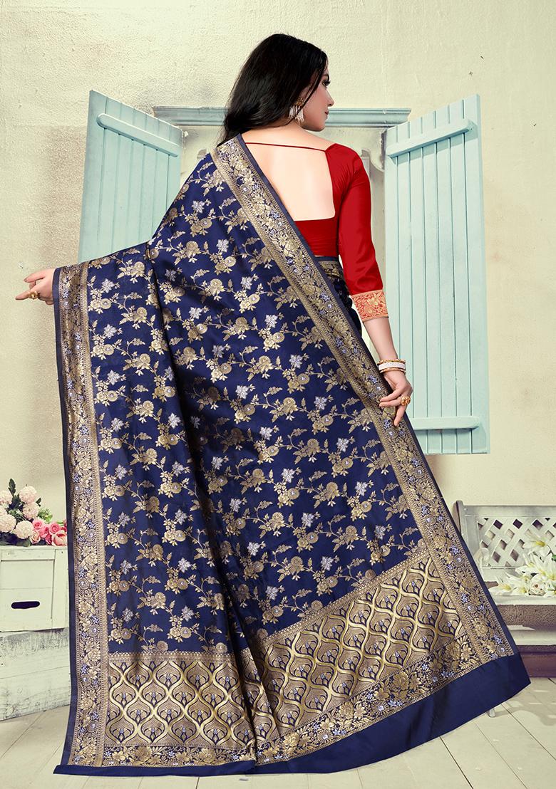 Navy Blue Jacquard Silk Saree Set
