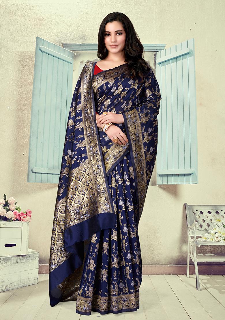 Navy Blue Jacquard Silk Saree Set