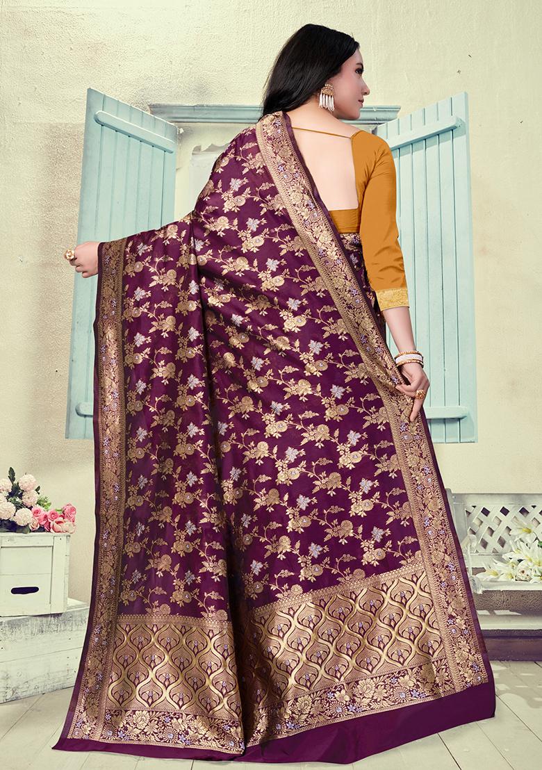 Wine Jacquard Silk Saree Set