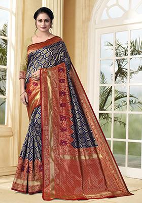 Navy Blue Jacquard Silk Saree Set