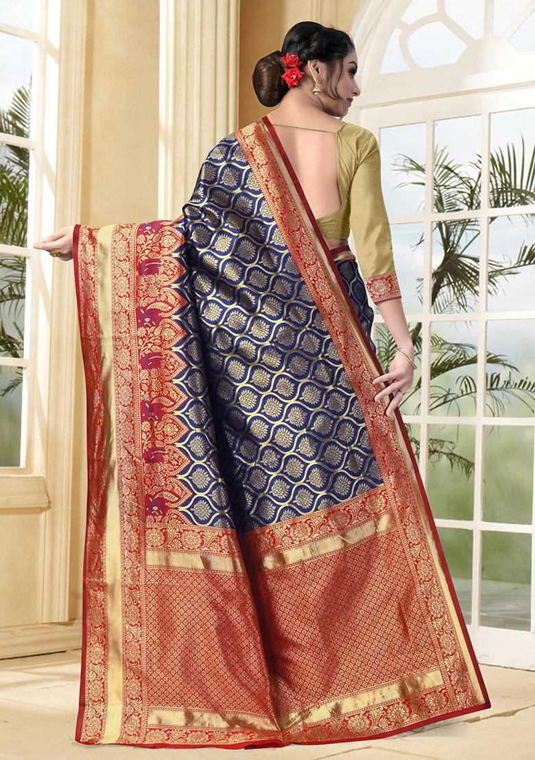 Navy Blue Jacquard Silk Saree Set