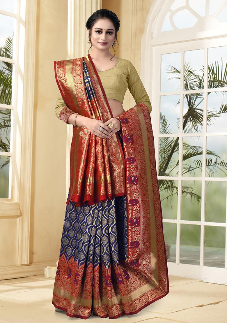 Navy Blue Jacquard Silk Saree Set