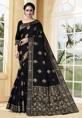 Black Jacquard Silk Saree Set