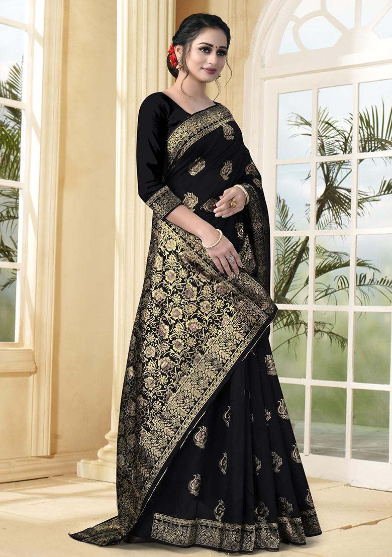 Black Jacquard Silk Saree Set