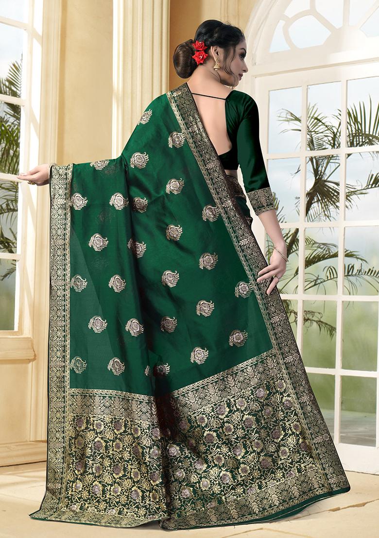 Bottle Green Jacquard Silk Saree Set
