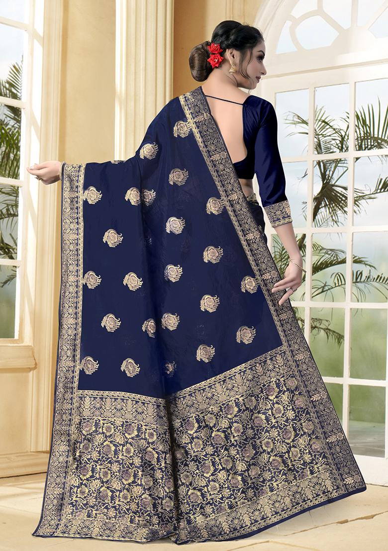 Navy Blue Jacquard Silk Saree Set