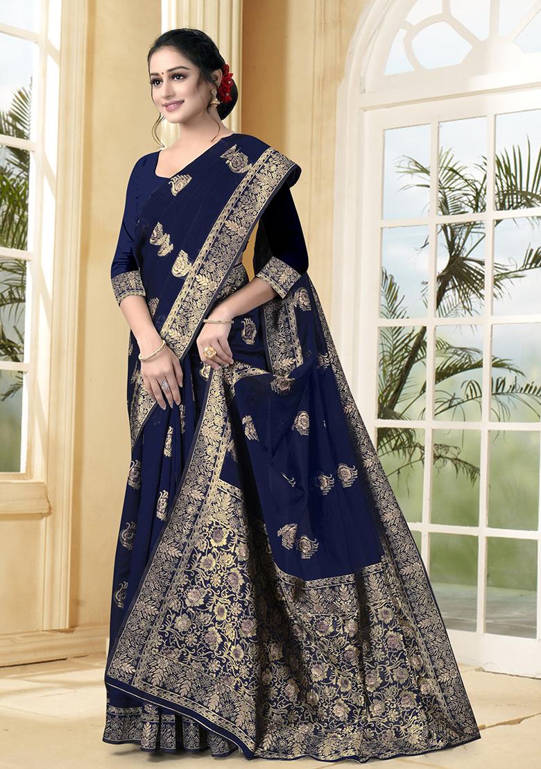 Navy Blue Jacquard Silk Saree Set