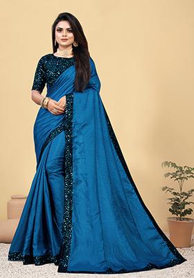 Blue Embroidered Silk Saree Set