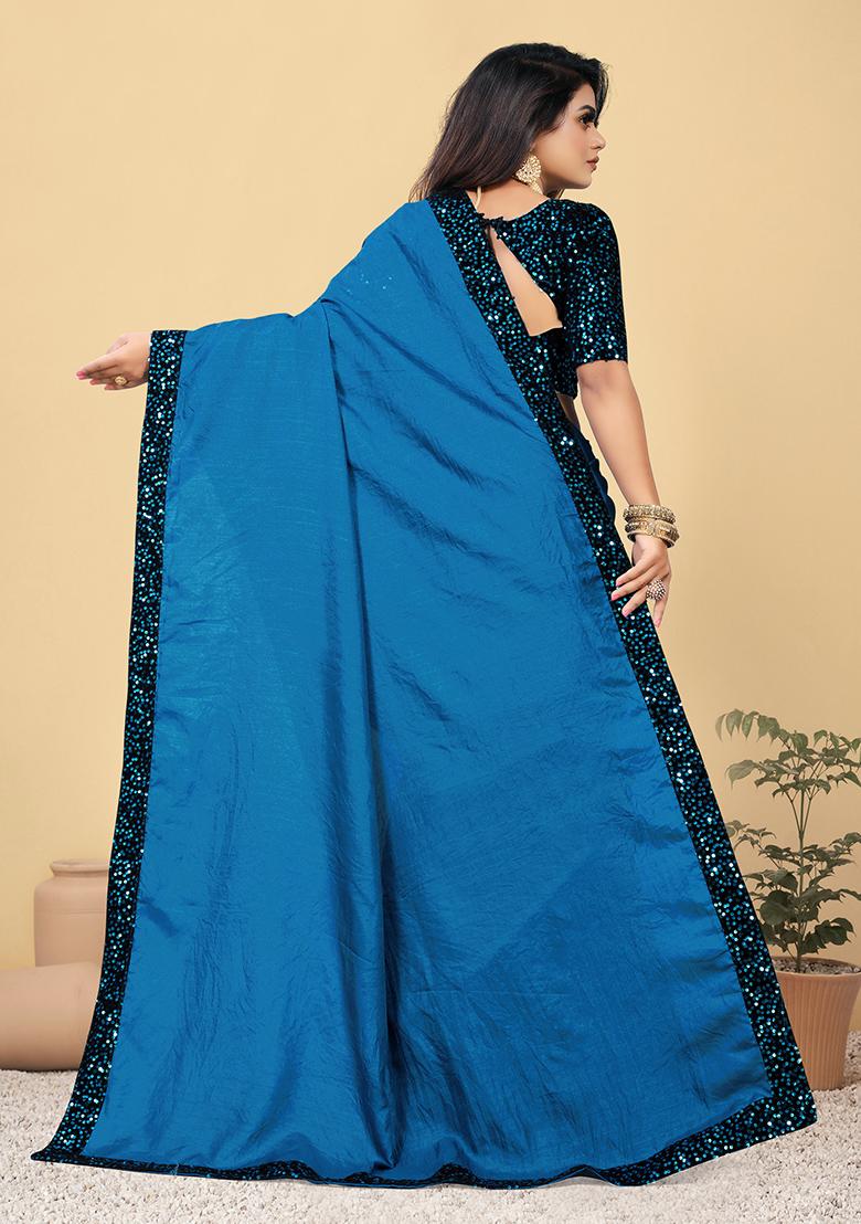 Blue Embroidered Silk Saree Set