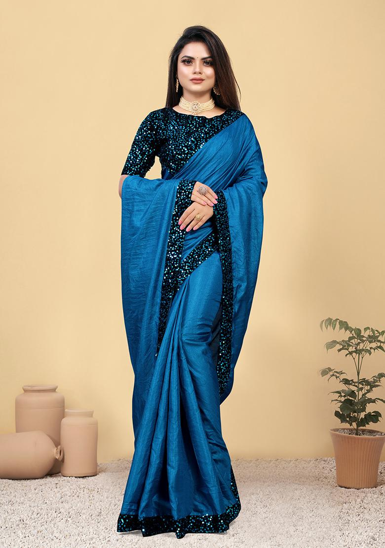 Blue Embroidered Silk Saree Set