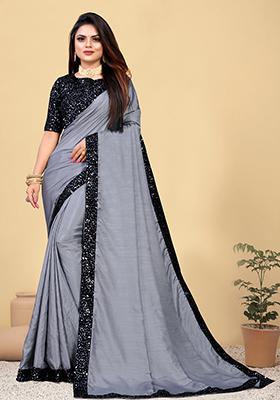 Grey Embroidered Silk Saree Set