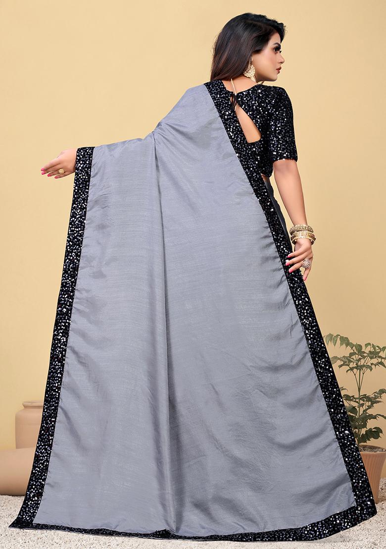 Grey Embroidered Silk Saree Set