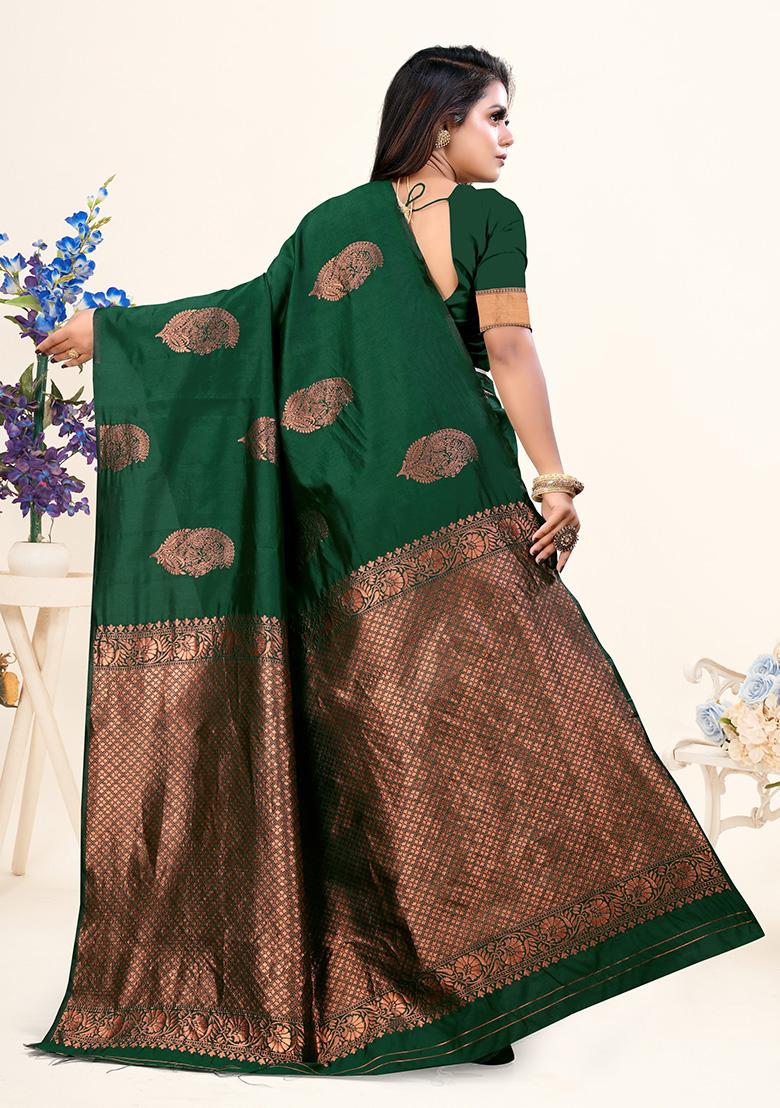 Bottle Green Jacquard Silk Saree Set