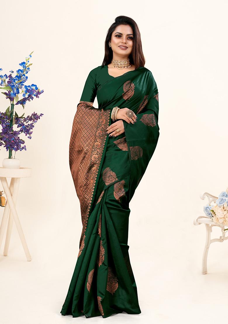 Bottle Green Jacquard Silk Saree Set