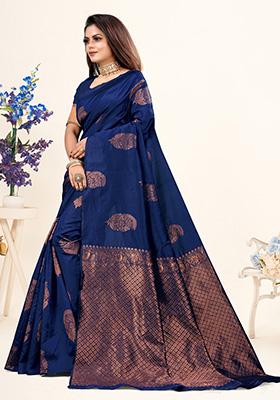 Navy Blue Jacquard Silk Saree Set