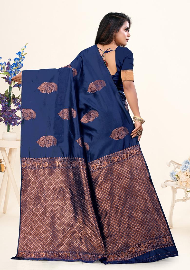 Navy Blue Jacquard Silk Saree Set