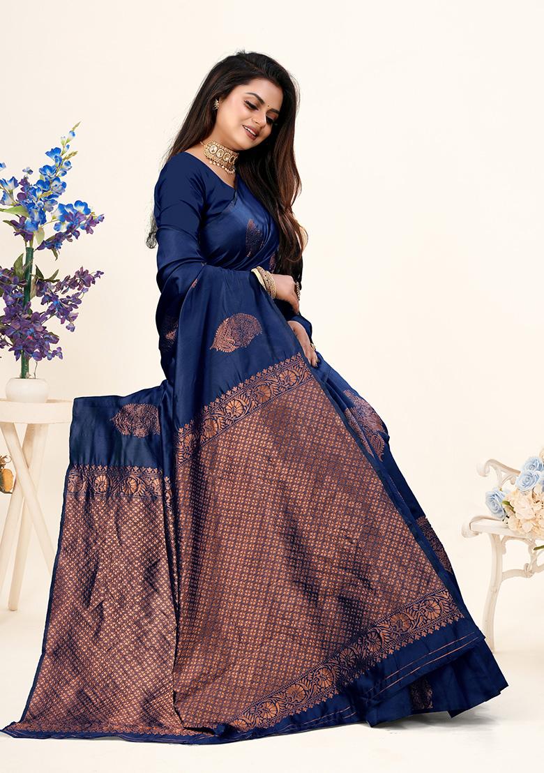 Navy Blue Jacquard Silk Saree Set