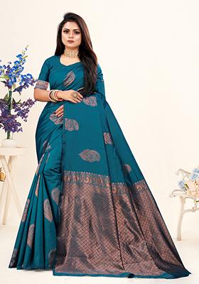 Rama Blue Jacquard Silk Saree Set